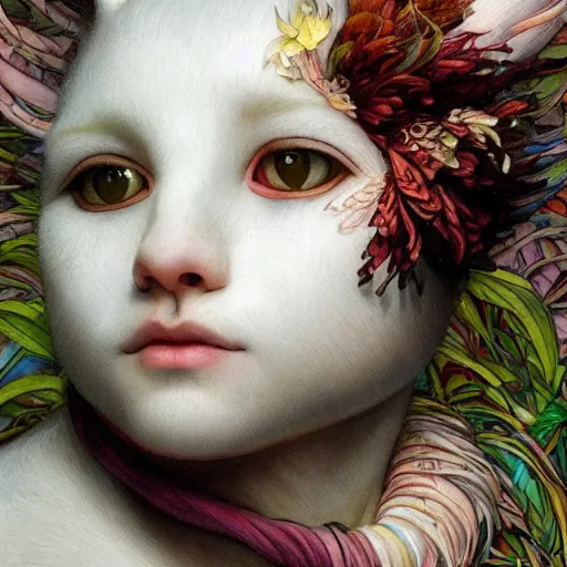 Image similar to white cat, botanical, portrait face, colorful, frantisek kupka, intricate, miles johnston, kuroda seiki, cynical realism, ozabu, john william godward, painterly, yoshitaka amano, moebius, miles johnston, louise zhang, james jean, mark ryden lowbrow pop surrealism art style