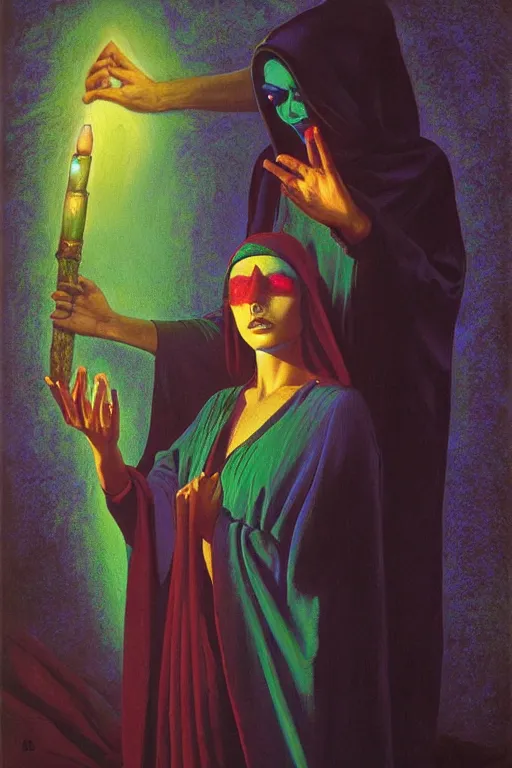 Image similar to gorgeous robed cult girl performing realism third eye ritual, positive dark theme night time, expanding energy into waves into the ethos, epic surrealism 8k oil painting, portrait, depth of field, perspective, high definition, post modernist layering, by Ernst Fuchs, Gerald Brom