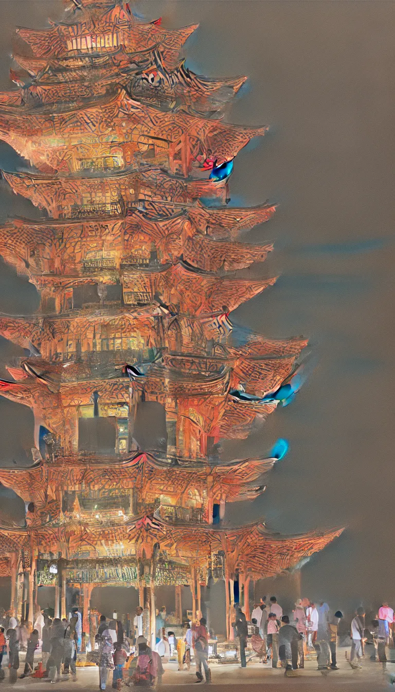 Image similar to digital painting of a pagoda, people drinking tea and paper lanterns, very detailed