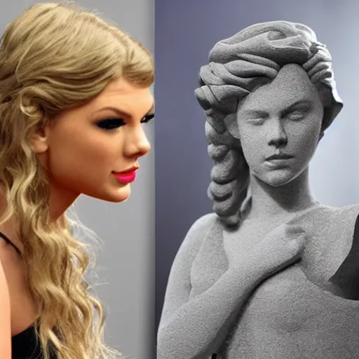 Image similar to stone sculpture of taylor swift and a stone sculpture of harry styles with a stone sculpture of adele singing