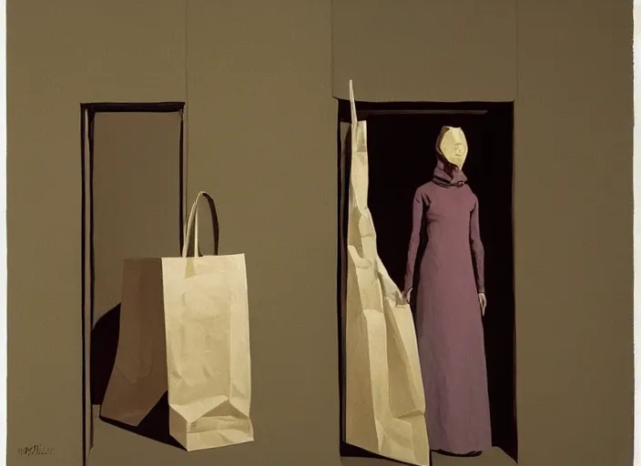 Prompt: woman wearing paper bags for clothes standing inside paper bags at store display Edward Hopper and James Gilleard, Zdzislaw Beksinski, highly detailed