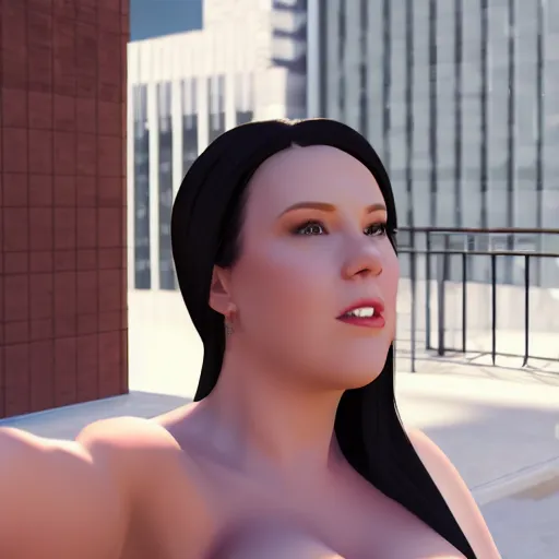 Image similar to « angela white taking a selfie, photorealistic, unreal engine 5, sharp focus, building in the background »