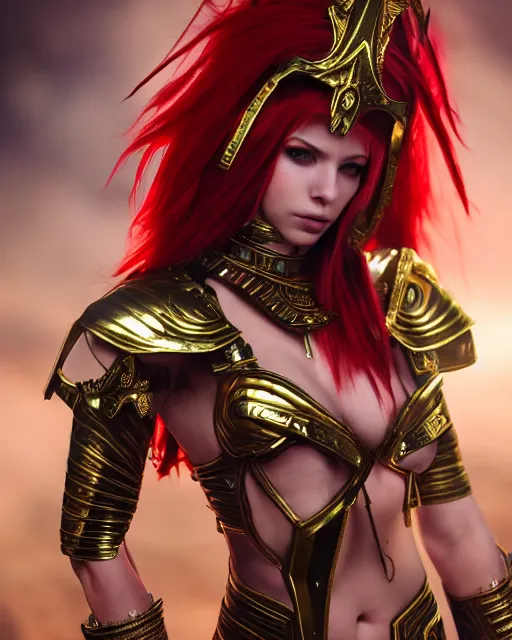 Prompt: red - haired final fantasy egyptian woman, warframe armor, regal, attractive, ornate, sultry, sexy, beautiful, elize theron, pretty face, green eyes, scifi platform, 4 k, ultra realistic, epic lighting, illuminated, cinematic, black gold, art by akihito tsukushi, voidstar