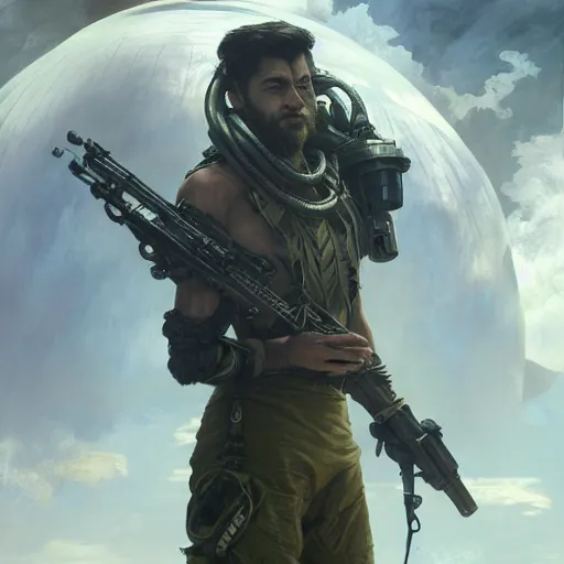 Prompt: portrait painting of a futuristic rugged male rebel, alien world, colonisation, model pose, ultra realistic, concept art, intricate details, eerie, highly detailed, photorealistic, octane render, 8 k, unreal engine. art by artgerm and greg rutkowski and alphonse mucha
