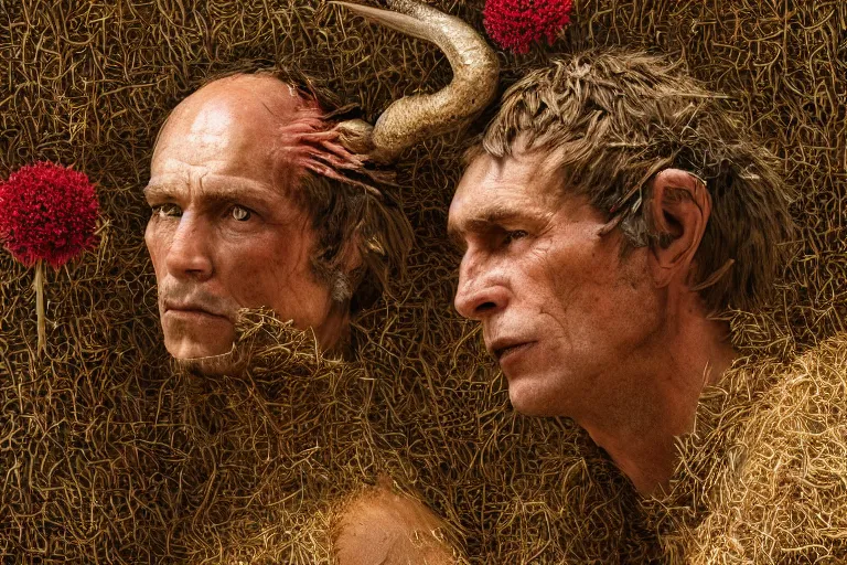 Image similar to portrait of a tyrolean farmer, wearing hay coat, with horns, visible muscles and veins and arteries and bones and spines and nerves, flowers growing out of his body, beautiful detailed intricate insanely detailed octane render, 8k artistic photography, photorealistic, chiaroscuro, by David Cronenberg, Raphael, Caravaggio