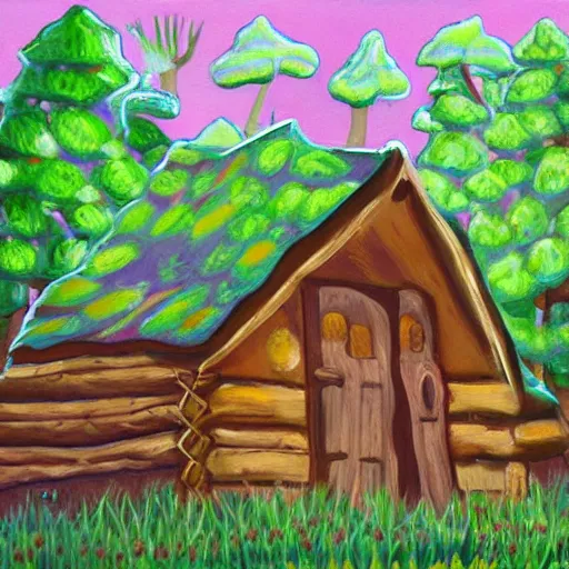 Image similar to a painting of a eerie cabin in the middle of the woods in the style of a kindergarten finger painting