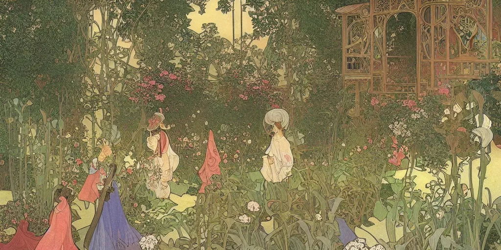 Prompt: an illustration of a beautiful garden, isometric view, painted by alphonse mucha and hieronymus bosch and hasui kawase, dramatic lighting, vivid colours.