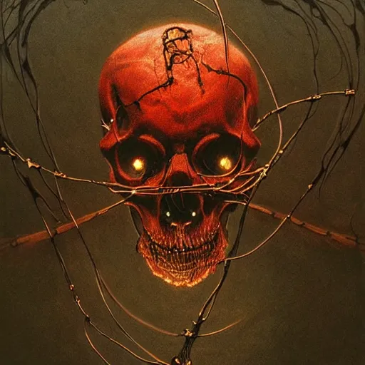 Prompt: horrific cyborg, horror movie lighting, exposed skull and wires, beksinski art style,