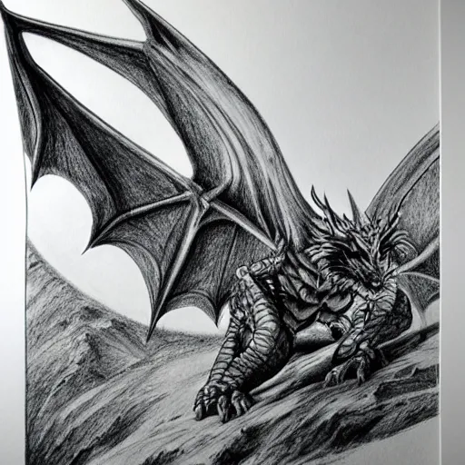 Prompt: epic dragon on a mountain drawing on paper, pencil drawing, extremly detailed, photorealistic, global illumination