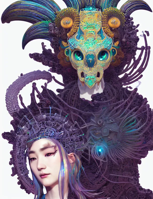 Image similar to 3 d goddess close - up profile solarpunk portrait ram skull. beautiful intricately detailed japanese crow kitsune mask and clasical japanese kimono. betta fish, jellyfish phoenix, bio luminescent, plasma, ice, water, wind, creature, artwork by tooth wu and wlop and beeple and greg rutkowski