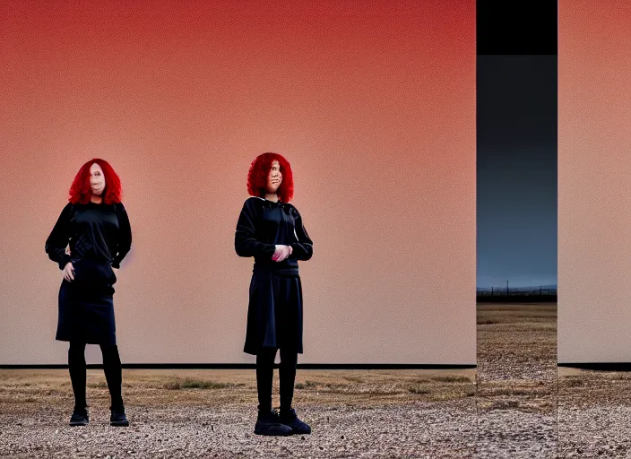 Image similar to photographic portrait of 2 clones in front of a brutalist metal building, 2 techwear women, on a desolate plain, red sky, black oversized clothes, sigma 8 5 mm f / 1. 4, 4 k, depth of field, high resolution, 4 k, 8 k, hd, full color