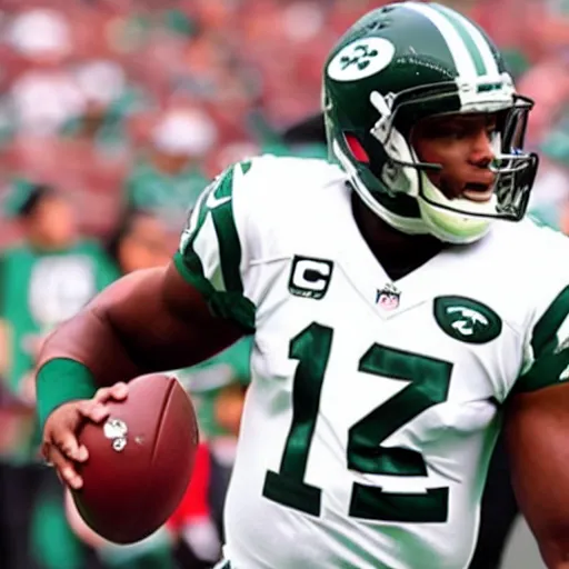 Prompt: Cam newton in a New York jets uniform .