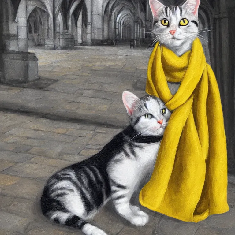 Image similar to oil painting extreme wide shot of a white and grey tabby cat wearing a black yellow striped hufflepuff scarf, in the Gloucester Cathedral cloisters, digital painting, high detail, award-winning, playful