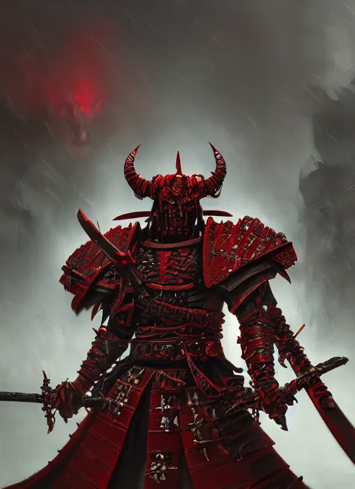 Image similar to demon samurai of khorne, extremly detailed digital painting, warhammer 4 0 k, by adam smith, raymond swanland, highly detailed, rim light, cinematic lighting, art, octane render, very coherent, cinematic, 8 k