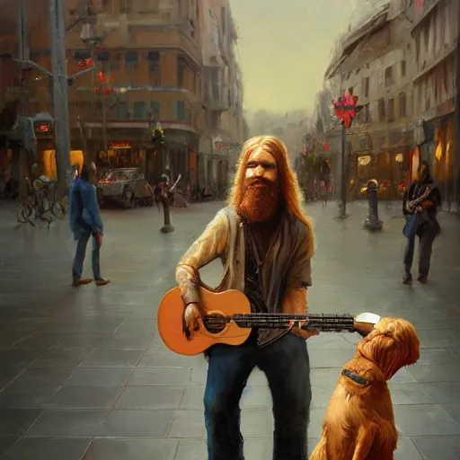 Image similar to oil painting of a young man with long hair blond and a beard hippie style with his golden retrever dog playing guitar in the square for money, people watching around, by greg rutkowski, artstation