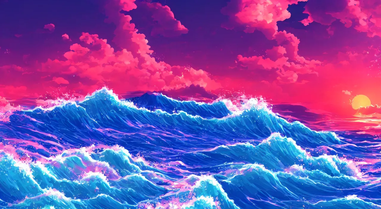 waves with sparkling parts from sunrise, anime illustration style Stock  Illustration | Adobe Stock