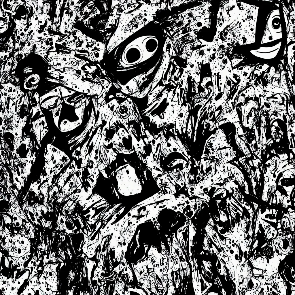 Image similar to faceless human figures, kazuo umezu artwork, jet set radio artwork, stripes, tense, space, skimask, balaclava, ominous, minimal, cybernetic, cowl, ink, acrylic, dots, stipples, lines, hashing, thumbprint, dark, eerie, circuit board, crosswalks, guts, folds, tearing, painting