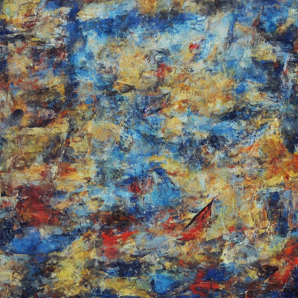 Image similar to a painting of a sailboat floating on a body of water, an abstract painting by ted degrazia, reddit contest winner, lyrical abstraction, mixed media, acrylic art, gold leaf, oil on canvas