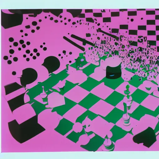 Prompt: risograph found footage of a chess explosion, void, computer glitches