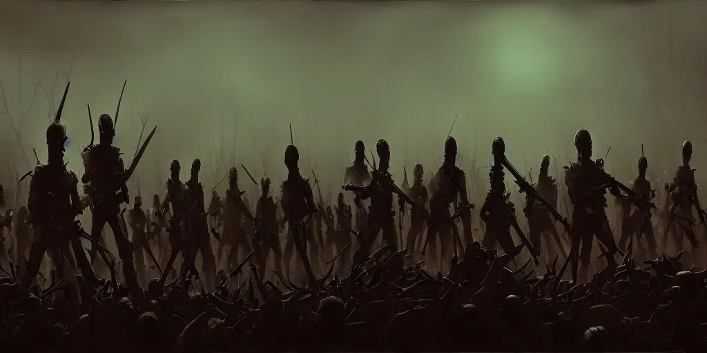 Prompt: an army of undead, at dusk, by Edward Steichen, dramatic lighting, high contrast colors, panoramic view, as trending on Artstation,