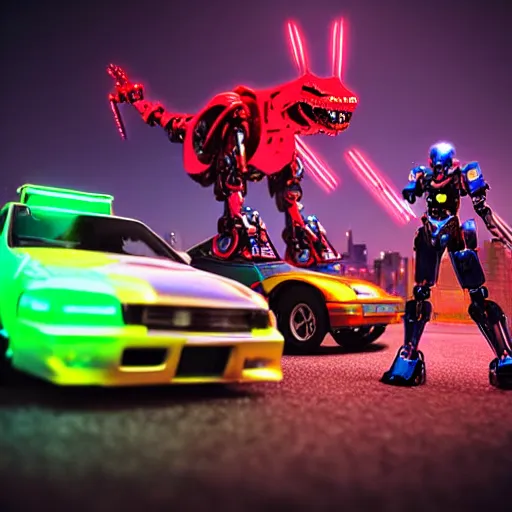 Prompt: detailed wide shot photograph of an anime style mecha robot dinosaur and a nissan skyline r34 cyberpunk, neon