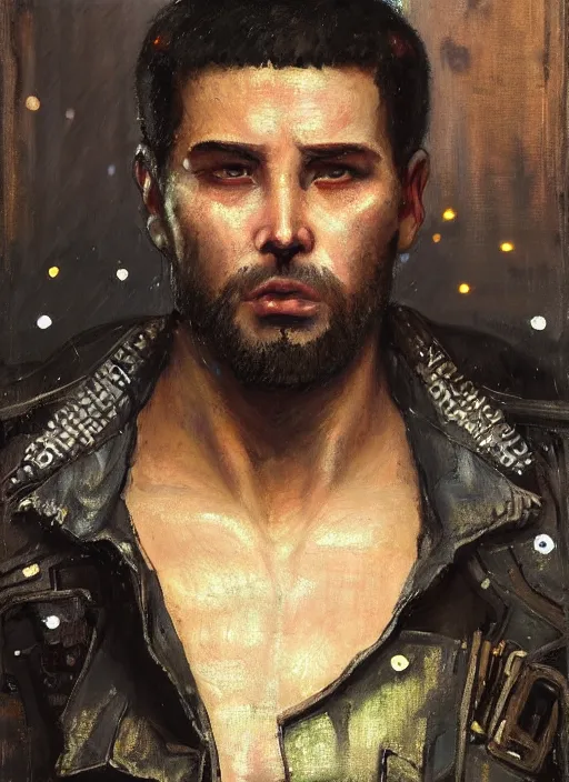 Image similar to big mike. cyberpunk Thug wearing a military vest and combat gear. (Cyberpunk 2077, bladerunner 2049). Round face. Iranian orientalist portrait by john william waterhouse and Edwin Longsden Long and Theodore Ralli and Nasreddine Dinet, oil on canvas. Cinematic, hyper realism, realistic proportions, dramatic lighting, high detail 4k