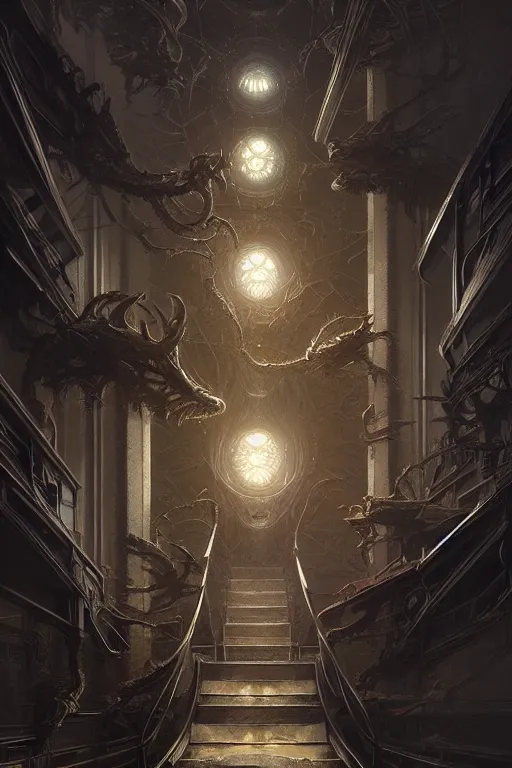 Image similar to professional concept art of a family horrendous mechanical predatory fractal! species in a dark room by artgerm and greg rutkowski. an intricate, elegant, highly detailed digital painting, concept art, smooth, sharp focus, illustration, in the style of cam sykes.