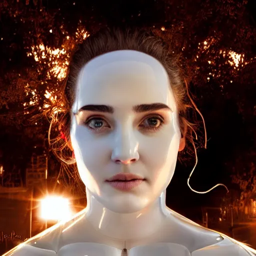 Image similar to beautiful centered Fine art photo portrait of relaxed young Jennifer Connelly a solarpunk robotic humanoid, white mechanical parts with led lights, photorealistic, white background, highly detailed and intricate, sunset lighting, HDR 8k