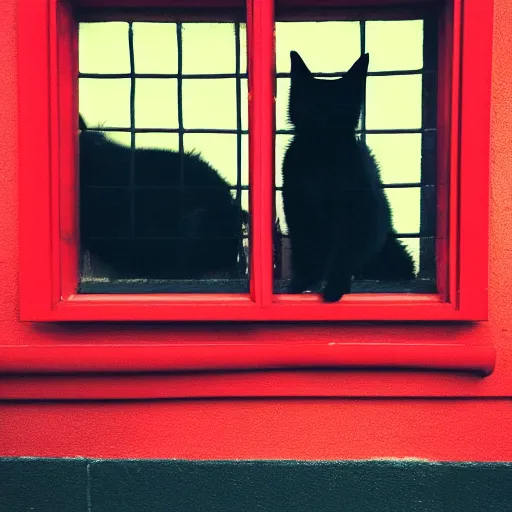 Image similar to two black cats looking through the window, red building and tree in the background, instagram, grainy picture, natural nightning