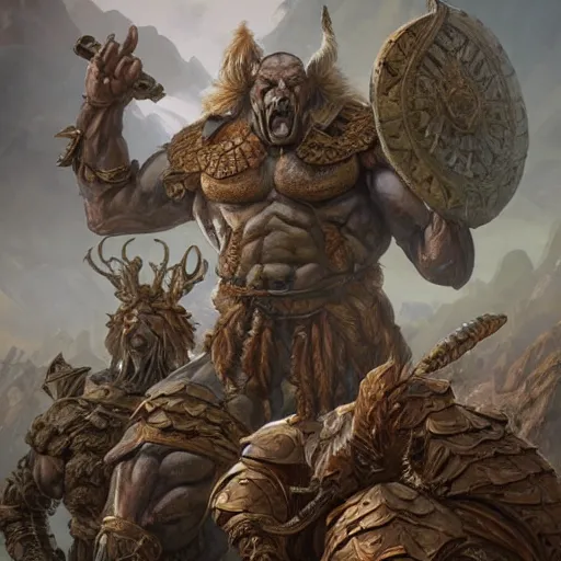 Image similar to muscular ogre - like fierce warrior with tree - bark skin wearing intricate stone and wood armor, towering above a group of soldiers, battlefield, highly detailed, digital painting, artstation, concept art, smooth, sharp focus, illustration, art by artgerm and greg rutkowski and alphonse mucha