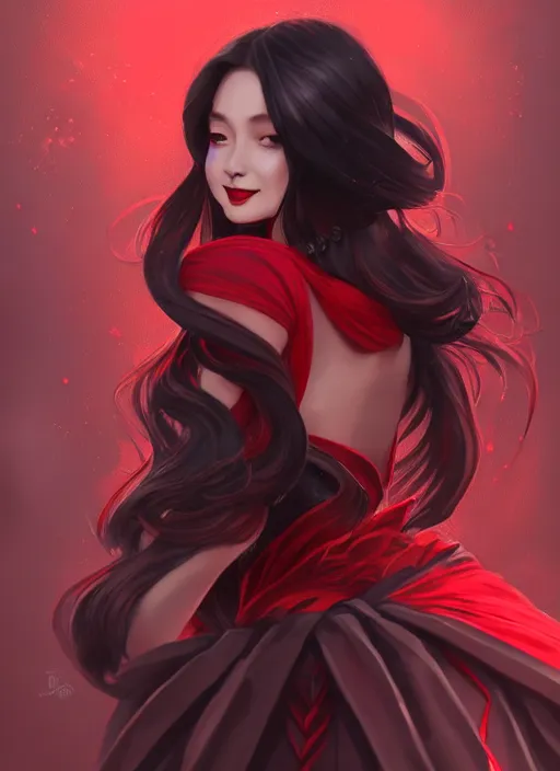 Image similar to a highly detailed illustration of hime cut black long haired woman wearing red dress, elegant smiling pose, perfect face, perfect body, intricate, elegant, highly detailed, centered, digital painting, artstation, concept art, smooth, sharp focus, league of legends concept art, wlop