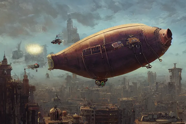 Prompt: a pig blimp hybrid, steampunk, digital art, extremely detailed, flying over a city, greg rutkowski, cinematic