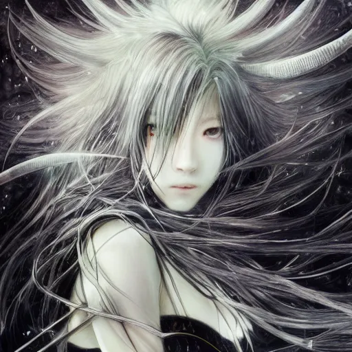 Image similar to Yoshitaka Amano blurred and dreamy illustration of an anime girl with wavy white hair and cracks on her face wearing Elden ring armour with the cape fluttering in the wind, abstract black and white patterns on the background, noisy film grain effect, highly detailed, Renaissance oil painting, weird portrait angle