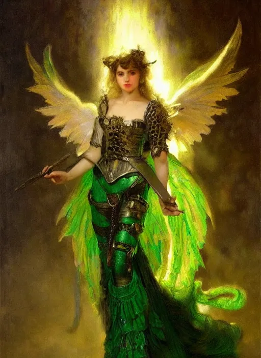 Prompt: angel knight gothic girl in dark and green dragon armor, metallic skirt and blouse. by gaston bussiere, by rembrandt, 1 6 6 7, artstation trending, blue light, by konstantin razumov *