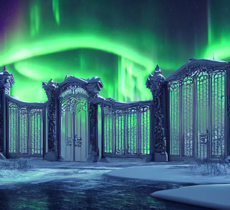 Image similar to a very detailed concept art of intricate and epic gates to aurora borealis, trending on artstation, symmetry, digital art, 4 k, hyper realistic, octane render, sharp focus