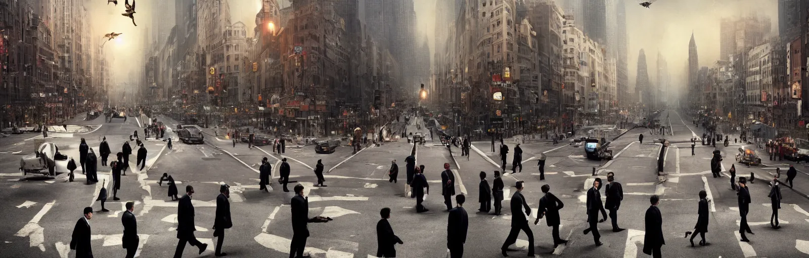 Image similar to People crossing the street from the movie Inception by Christopher Nolan, recursive, surreal, steam punk, highly detailed, smooth, cinematography, high contrast, sharp focus, dynamic lighting, 4k, by Rene Magritte