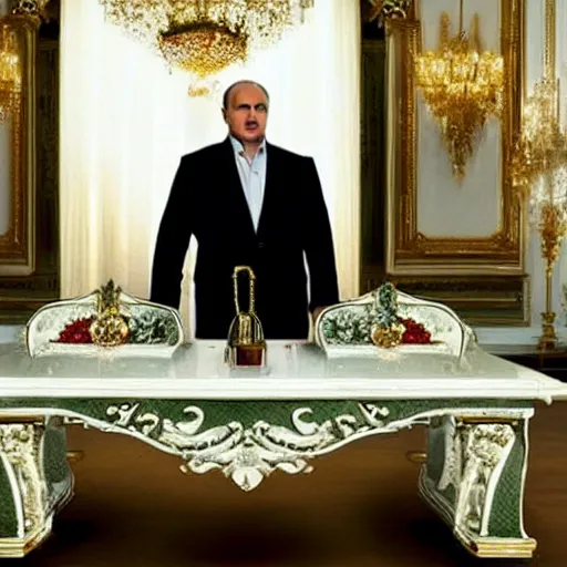 Image similar to Alexander Lukashenko in Scarface, cocaine on the table, belarusian flag in the background, cinematic still