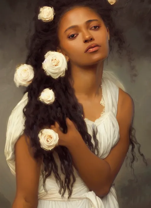 Image similar to oil painting close up portrait of a contemplative young black woman with long flowing hair in a white dress, wearing a crown of white roses!! at sunset, hazy, digital art, chiaroscuro, artstation, cinematic, golden hour, digital art painting by greg rutkowski, william - adolphe bouguereau, hazy atmosphere, cinematic lighting, flowers