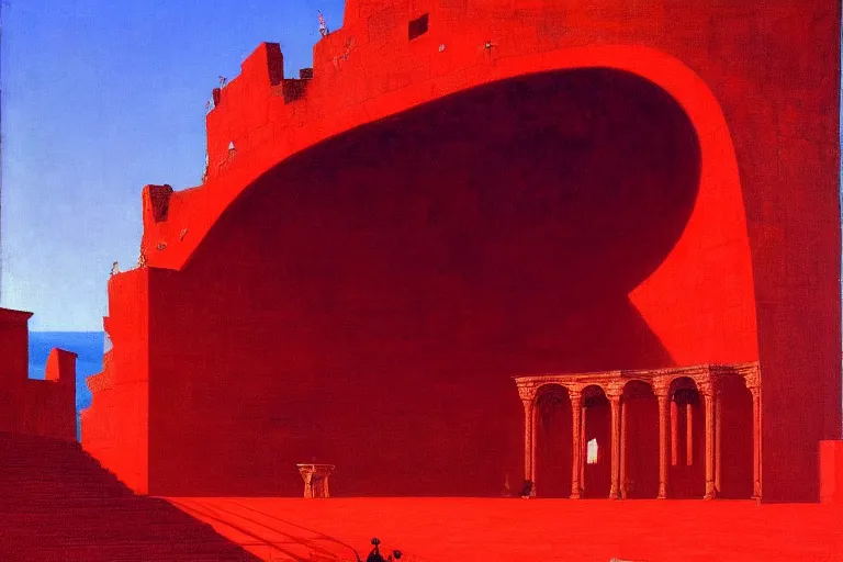 Image similar to only with red, a red melted emperor, taormina amphitheatre, crowd hails him, in the style of beksinski, parts by edward hopper, parts by rodcenko, parts by yue minjun, intricate and epic composition, red by caravaggio, insanely quality, highly detailed, masterpiece, red light, artstation, 4 k