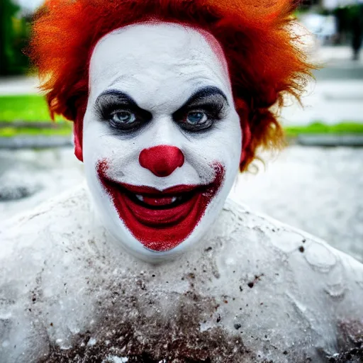 Image similar to Close up photograph of Ronald McDonald emerging from a dirty puddle, white facepaint, red afro, red round nose, yellow jumpsuit!! creepy smile!!!, highly detailed, F32