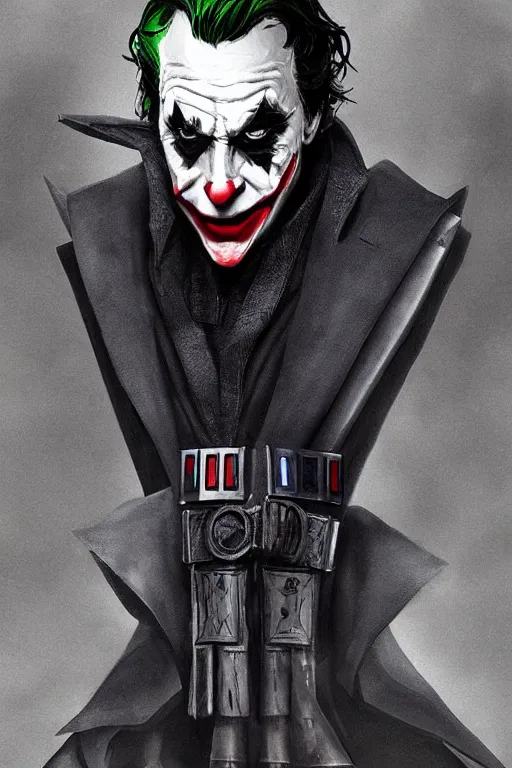 Image similar to Joker wearing vader's armor, full character, artstation, highly detailed, highly realistic