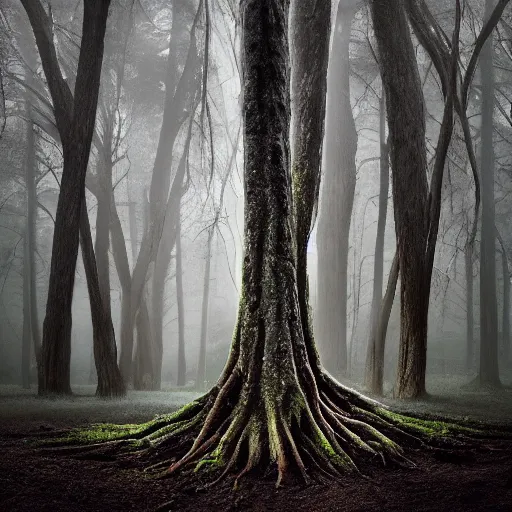 Image similar to spectacular, fabulous tree standing in a thickly vegetated, sombre forest, dreamlike light incidence, sunraise, ultrarealistic, eerie, onimous