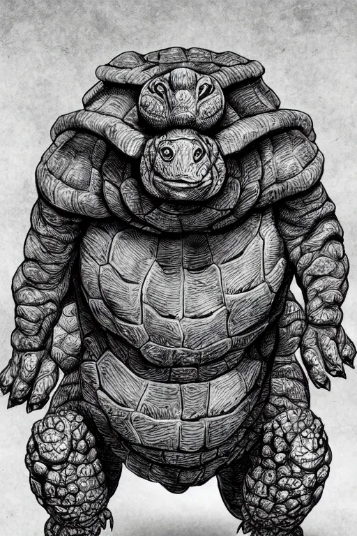 Image similar to tortoise humanoid figure monster, symmetrical, highly detailed, digital art, sharp focus, trending on art station, kentaro miura manga art style