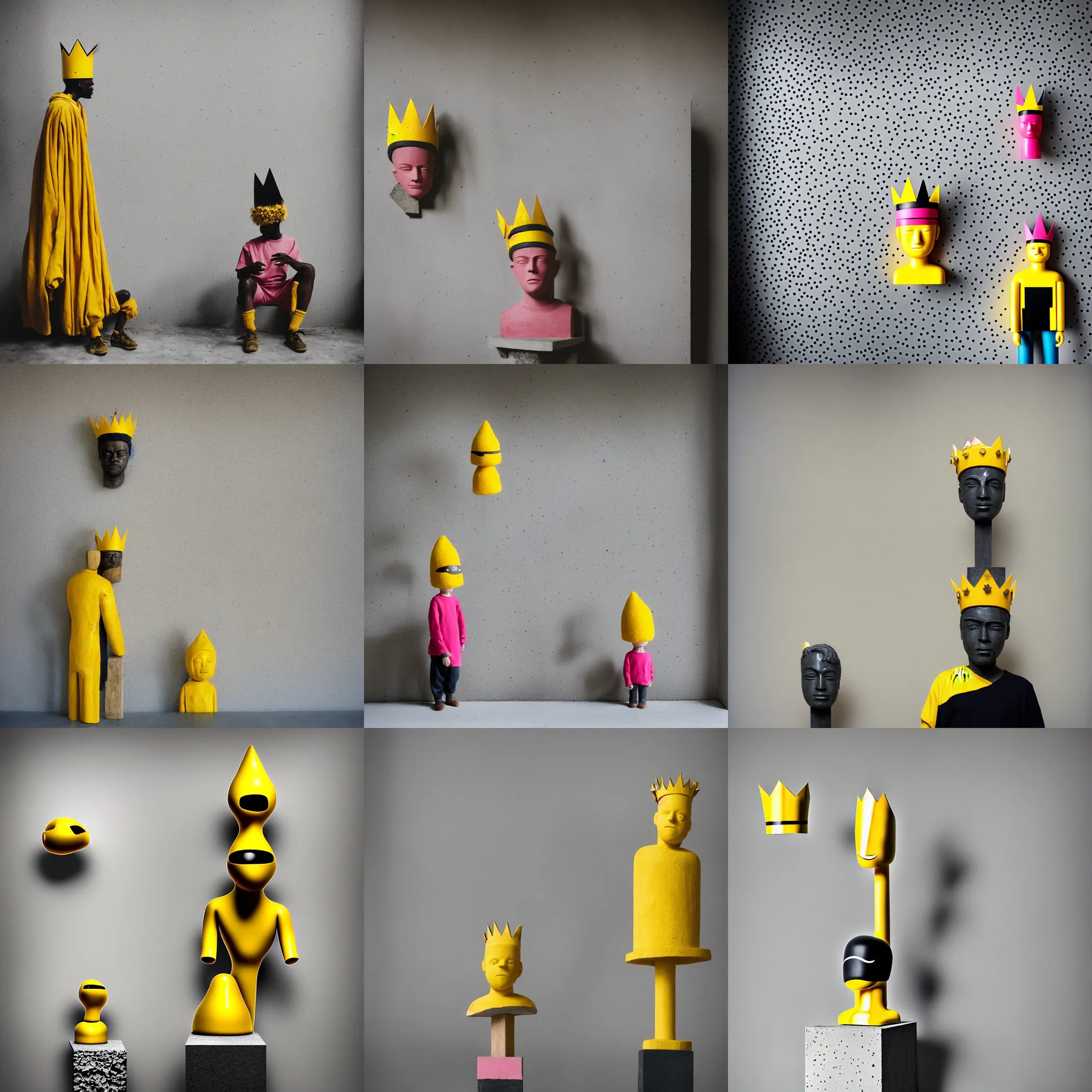 Image similar to kodak portra 4 0 0, 8 k, shot of a highly detailed, britt marling style, colour still - life portrait of a large minimalistic room, rough concrete walls, the wooden statue of a yellow black striped little man with pink crown on his head