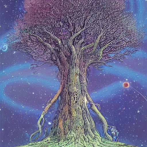 Image similar to a large tree rooted in a galactic crystal hovering in space, by moebius