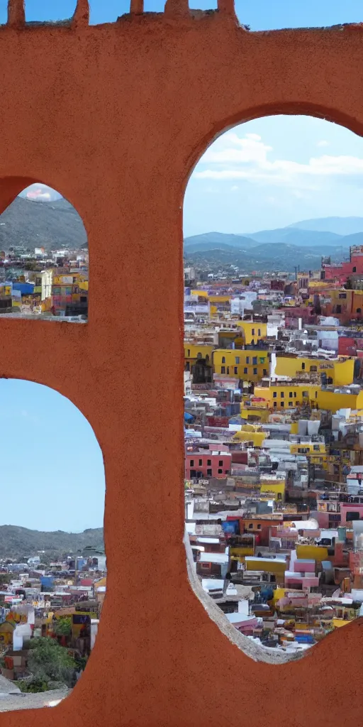 Image similar to symmetry!! arched window in foreground, guanajuato city in background, by wes anderson