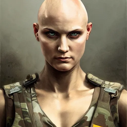 Prompt: portrait painting of a female soldier with no hair and a tattooed head, muscular upper body, wearing soldier fatigues, dystopian mood, dark fantasy, intricate, highly detailed, digital painting, artstation, concept art, smooth, sharp focus, illustration, art by artgerm and greg rutkowski and alphonse mucha