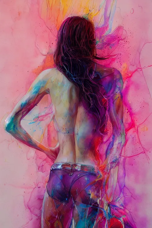 Image similar to gal gadot by agnes cecile enki bilal moebius, intricated details, 3 / 4 back view, full body portrait, extremely luminous bright design, pastel colours, drips, autumn lights