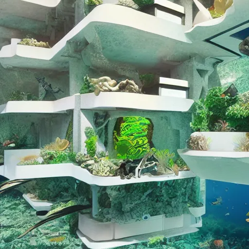 Image similar to underwater habitat 67 with lush vegetation, coral and marine creatures surrounding it