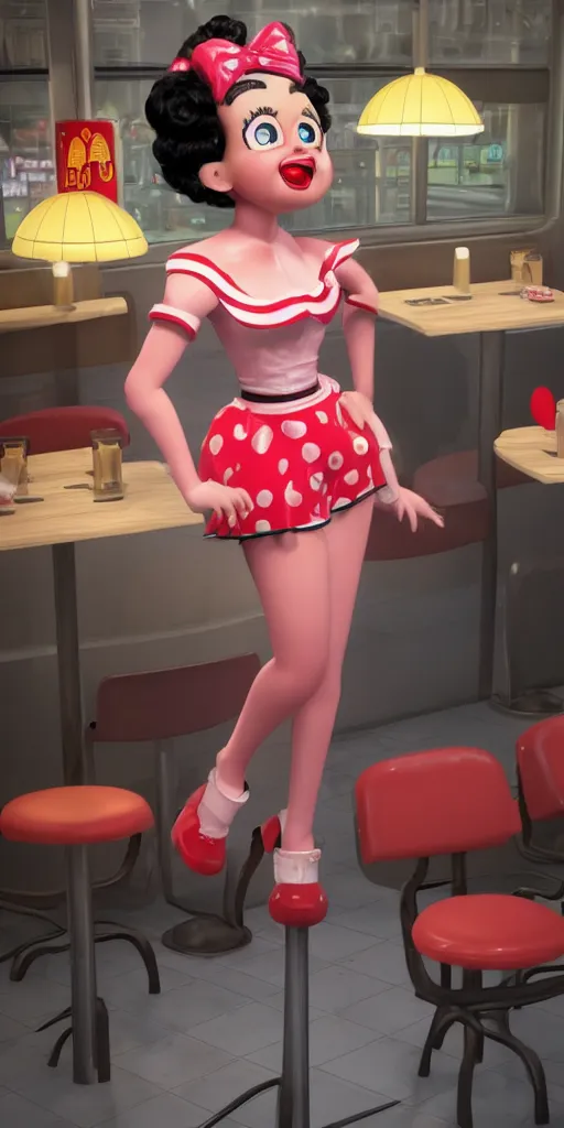 Prompt: Animatronic Betty Boop in Mc Donalds, real hair, dimly lit, photorealistic, hyper realistic 3d matte painting, unrealengine octane 3d render 4k